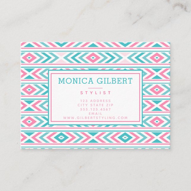 Turqoise and Pink Geometric Aztec Pattern Business Card (Front)