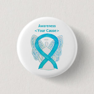 Turqoise Blue Awareness Ribbon Angel Pin Button