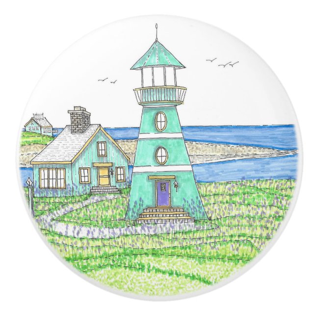 Turqoise Lighthouse Ceramic Knob (Front)
