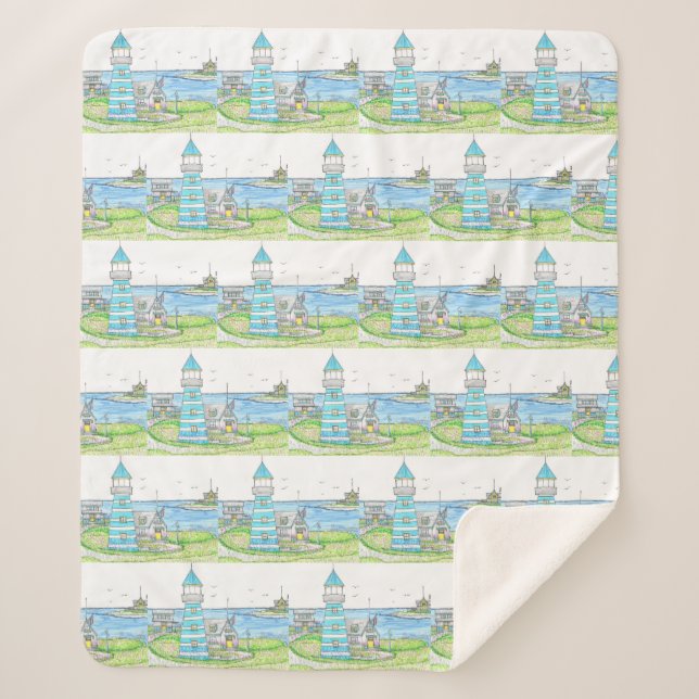 Turqoise Lighthouse Sherpa Blanket (Front)