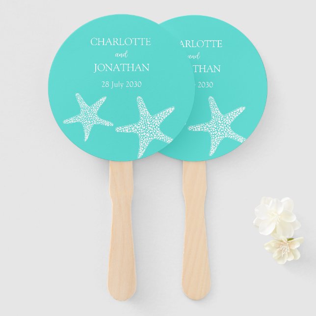 Turqoise Modern Tropical Starfish Beach Wedding    Hand Fan (Front and Back)