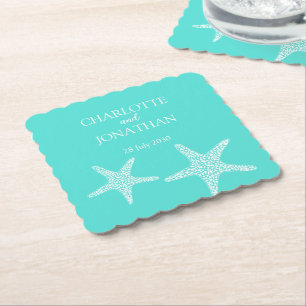 Turqoise Modern Tropical Starfish Beach Wedding    Paper Coaster