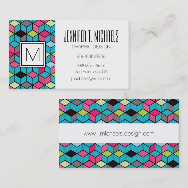 Turqouise and Pink Cube Pattern Business Card (Front/Back)