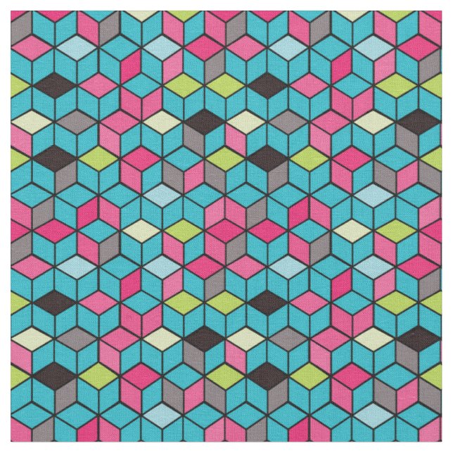 Turqouise and Pink Cube Pattern Fabric (Close Up)
