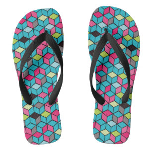 Turqouise and Pink Cube Pattern Flip Flops