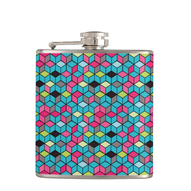 Turqouise and Pink Cube Pattern Hip Flask (Front)