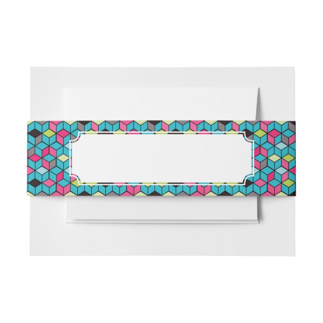 Turqouise and Pink Cube Pattern Invitation Belly Band (Front Example)