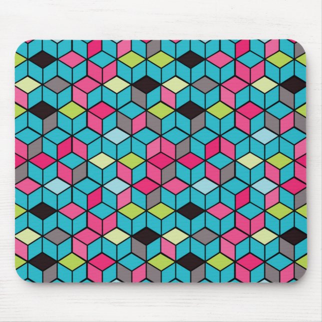 Turqouise and Pink Cube Pattern Mouse Mat (Front)