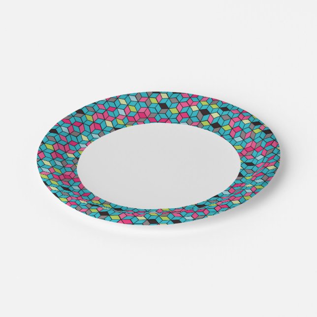 Turqouise and Pink Cube Pattern Paper Plate (Angled)