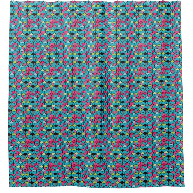 Turqouise and Pink Cube Pattern Shower Curtain (Front)