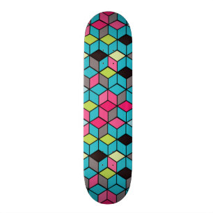 Turqouise and Pink Cube Pattern Skateboard