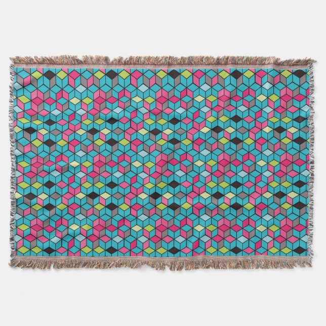 Turqouise and Pink Cube Pattern Throw Blanket (Front)