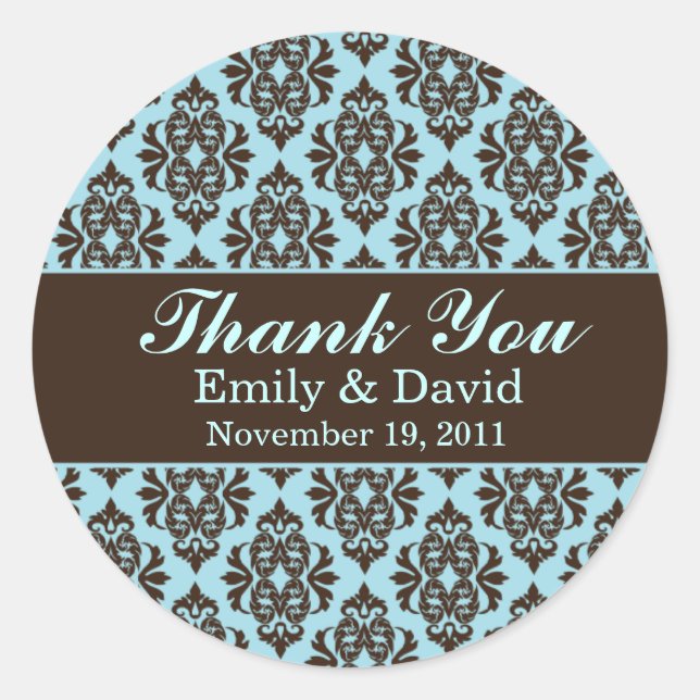 Turqouise & Chocolate Damask Wedding Stickers (Front)