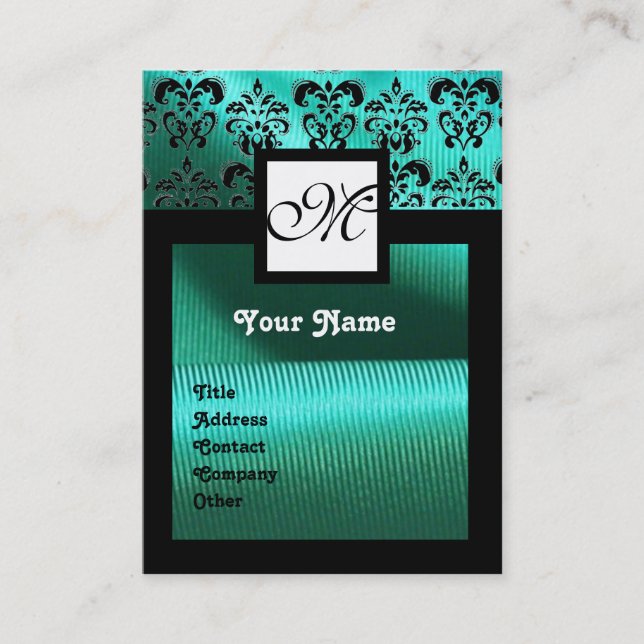 TURQUASE BLUE SILK DAMASK CLOTH ,SQUARE MONOGRAM BUSINESS CARD (Front)