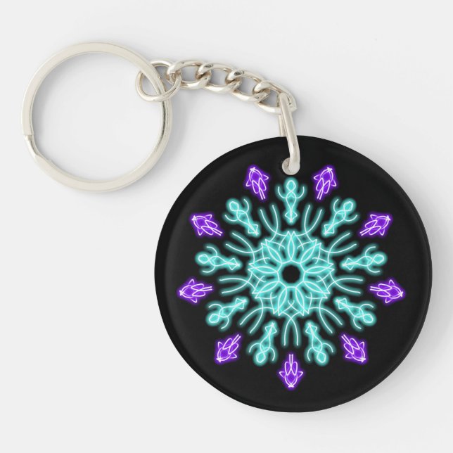 Turquiose and purple neon flower key ring (Front)