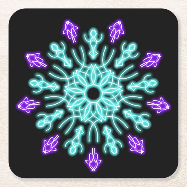 Turquiose and purple neon flower square paper coaster (Front)