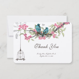 Turquiose Birds Pink Cherry Blossoms Birdcage Thank You Card