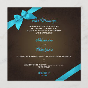 Turquiose Ribbon on Brown Grunge Wedding Invitation