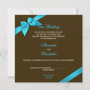 Turquiose Ribbon on Chocolate Brown Wedding Invitation