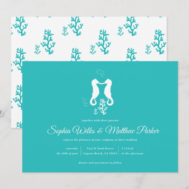 Turquiose Seahorse Beach Wedding Invitation (Front/Back)