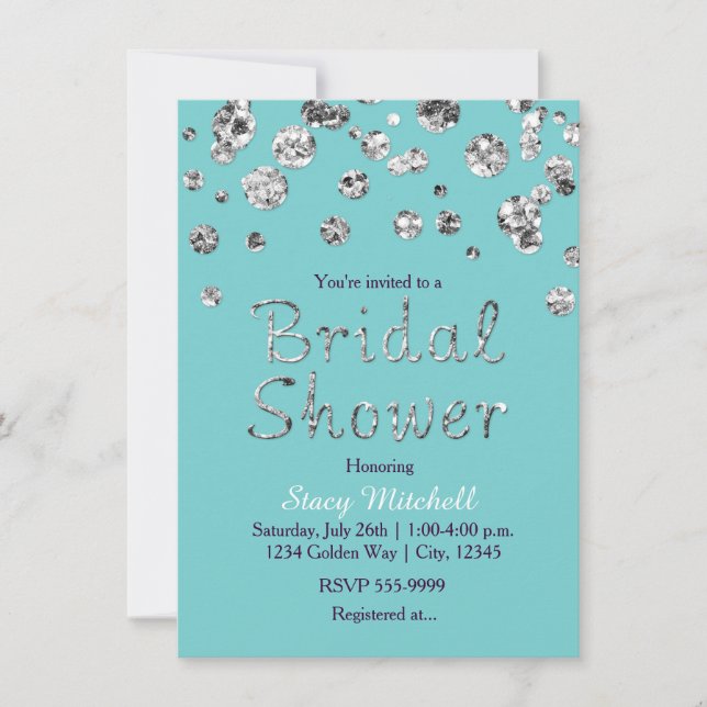 Turquise Silver Glitter Bridal Shower Invitation (Front)