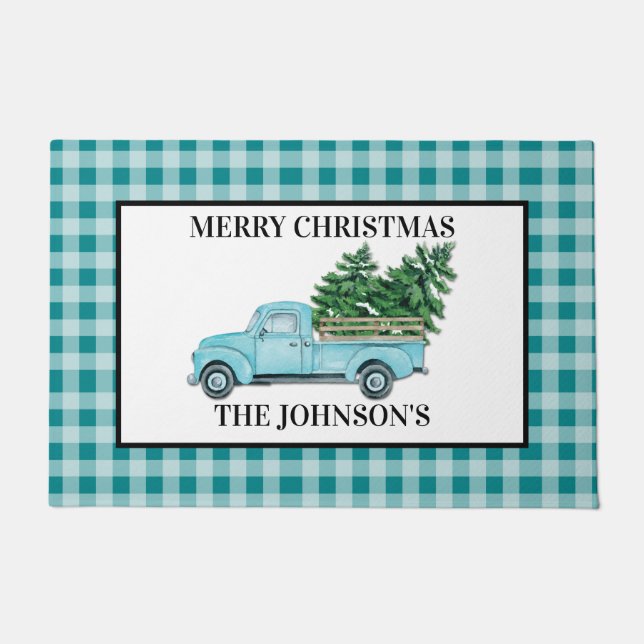 Turquois Blue Truck Turquoise Check Christmas Doormat (Front)