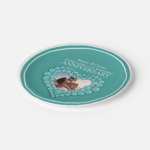 Turquoise 11th Wedding Anniversary photo heart Paper Plate