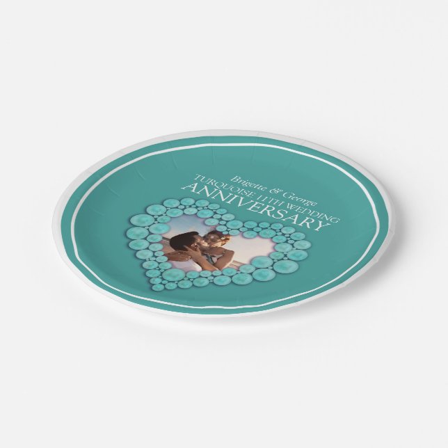 Turquoise 11th Wedding Anniversary photo heart Paper Plate (Angled)