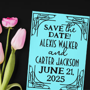 Turquoise 1920's Wedding Save-the-Date Postcard