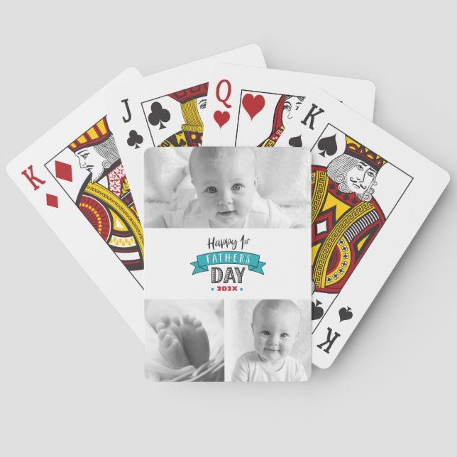 Turquoise 3 Photo Collage Happy 1st Father’s Day Playing Cards (Back)