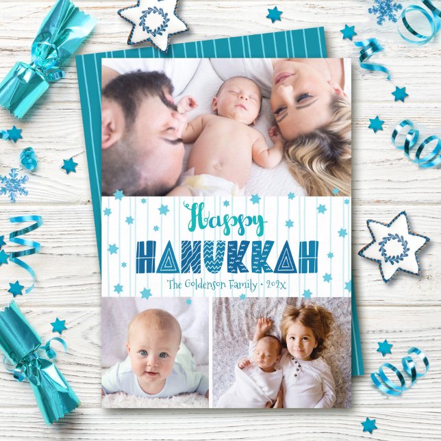 Turquoise 3 Photo Happy Hanukkah Modern Typography Holiday Card (Creator Uploaded)