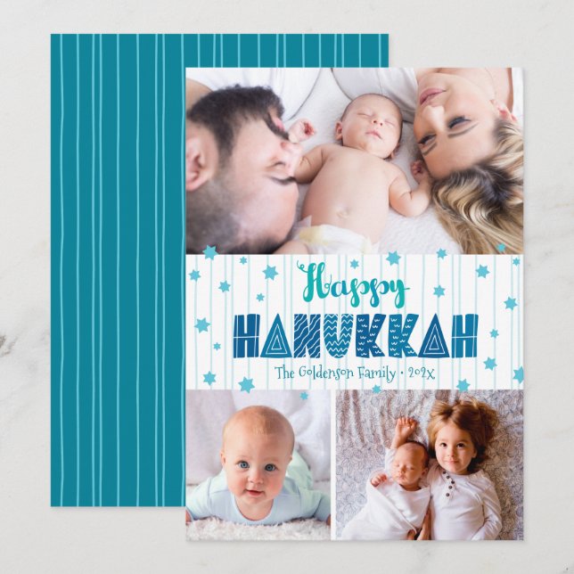 Turquoise 3 Photo Happy Hanukkah Modern Typography Holiday Card (Front/Back)