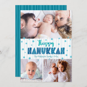 Turquoise 3 Photo Happy Hanukkah Modern Typography Holiday Card