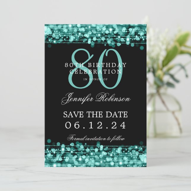 Turquoise 80th Birthday Save the Date w/ Details Invitation (Standing Front)