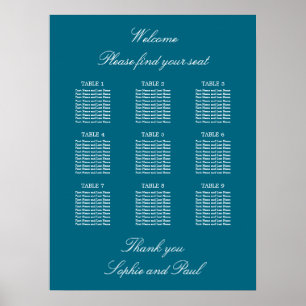 Turquoise 9 Table Wedding Seating Chart Poster