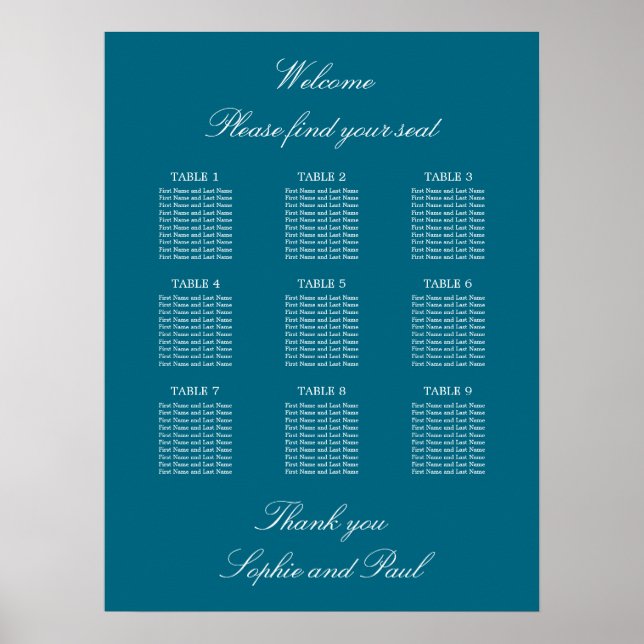 Turquoise 9 Table Wedding Seating Chart Poster (Front)