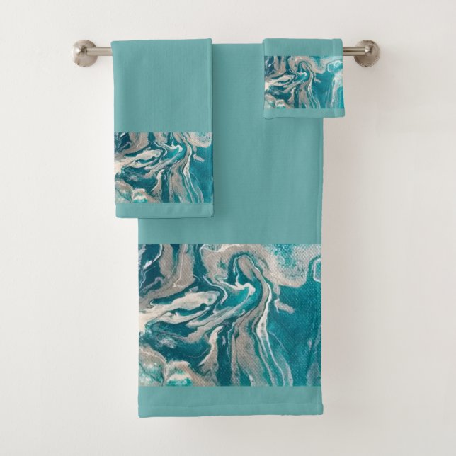 Turquoise Abstract Border Towel Set (Insitu)