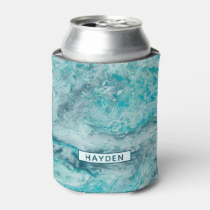 Turquoise Abstract Paint Pour Art Monogram Can Cooler