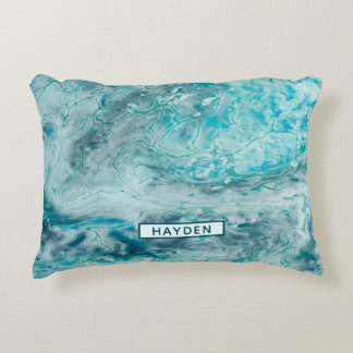 Turquoise Abstract Paint Pour Art Monogram Decorative Cushion