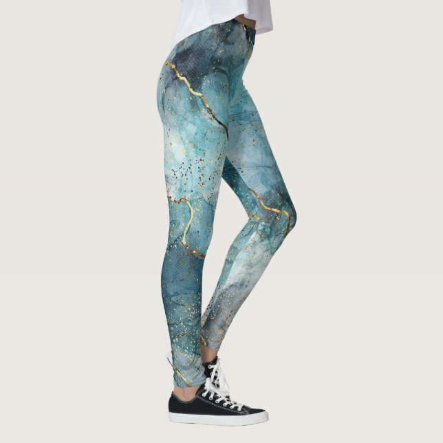 Turquoise Abstract Watercolor Gold Glitter Leggings (Right)