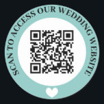 Turquoise Access Wedding Website Heart QR Code Classic Round Sticker<br><div class="desc">Wedding website QR code sticker in black,  turquoise,  and white with curved text and a white heart. Cute black,  turquoise,  and white wedding QR code sticker.</div>