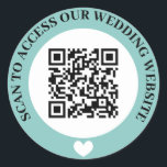 Turquoise Access Wedding Website Heart QR Code Classic Round Sticker<br><div class="desc">Wedding website QR code sticker in black,  turquoise,  and white with curved text and a white heart. Cute black,  turquoise,  and white wedding QR code sticker.</div>