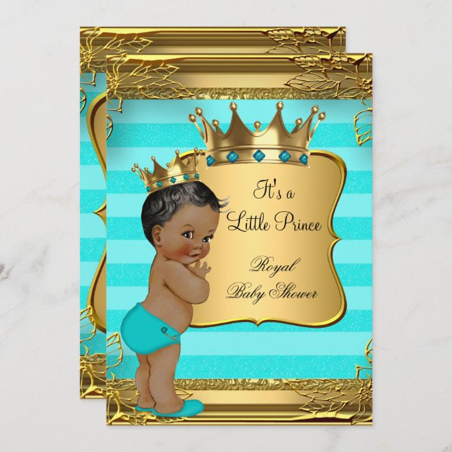 Turquoise African American Prince Baby Shower Invitation (Front/Back)