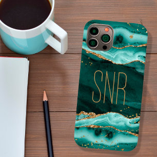 Turquoise Agate Geode Monogram Name Gold Glitter Case-Mate iPhone 14 Case