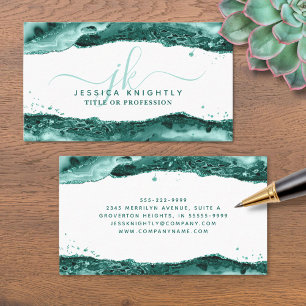 Turquoise Agate Glitter Monogram Script Swash Business Card