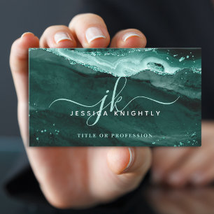 Turquoise Agate Glitter Script Monogram Business Card