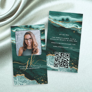 Turquoise Agate Gold Glitter Monogram Photo QR Business Card