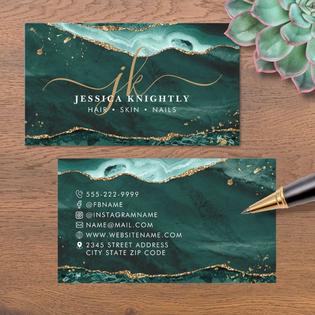 Turquoise Agate Gold Glitter Script Monogram Business Card (Creator Uploaded)