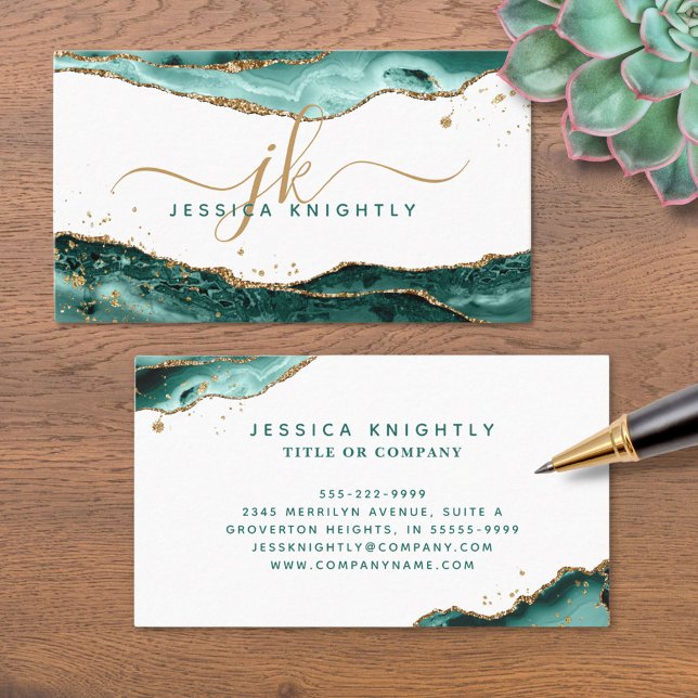  Turquoise Agate Gold Glitter Script Monogram Business Card (Creator Uploaded)