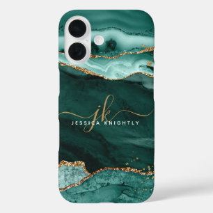  Turquoise Agate Gold Glitter Script Monogram iPhone 16 Case